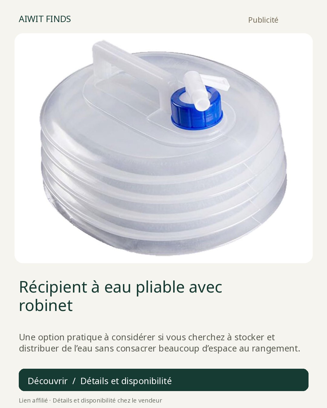 Récipient à eau pliable avec robinet