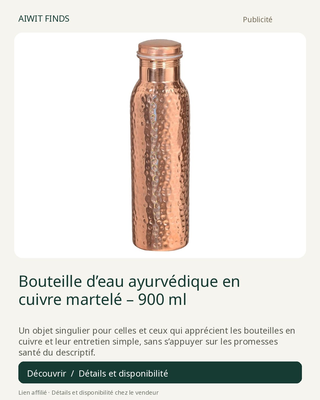 Bouteille d’eau ayurvédique en cuivre martelé – 900 ml