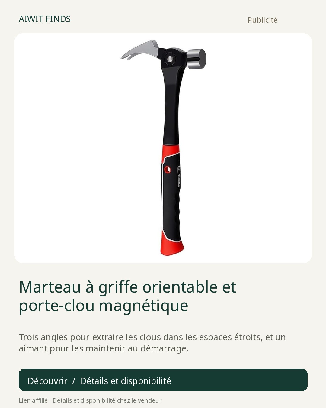 Marteau à griffe orientable et porte-clou magnétique